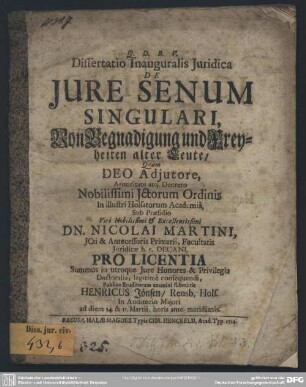 Dissertatio Inauguralis Iuridica De Iure Senum Singulari