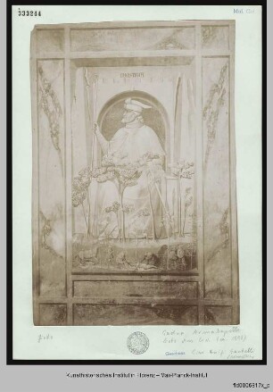 Tugenden und Laster : Justitia und Iniustitia : Iniustitia auf zerborstenem Thron hinter Bäumen
