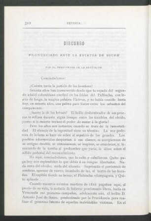 Discurso pronunciado ante la estatua de Sucre : Por el Presidente de la República