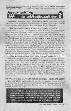 Sowjetisches Abwurf-Flugblatt (Reihe "Was geht in Deutschland vor?) mit Informationen über die Verschlechterung der sozialen Lage der deutschen Bevölkerung (mit Passierschein)