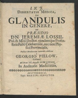 Dissertatio Medica, De Glandulis In Genere