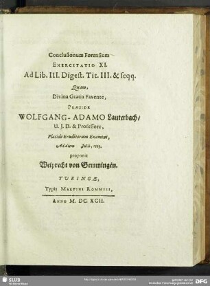 Conclusionum Forensium Exercitatio XI. Ad Libr. III. Digest. Tit. III. & seqq.
