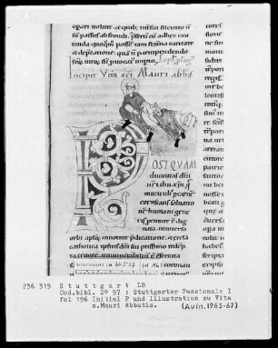 Stuttgarter Passionale — Pars hiemalis (erster Band) — Initiale P (ostquam), darin der heilige Maurus abbas einen Sünder aus den Klauen des Teufels, Folio 196recto