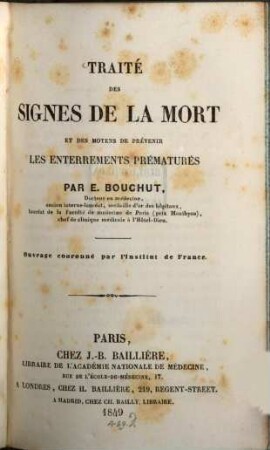 Traité des signes de la mort et des moyens de prévenir les enterrements prématurés