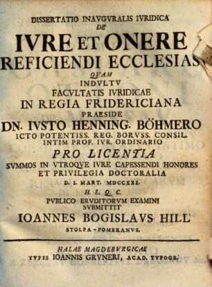 Dissertatio Inavgvralis Ivridica De Ivre Et Onere Reficiendi Ecclesias