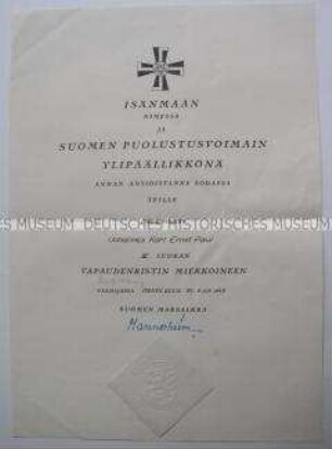 Besitzzeugnis für das Freiheitskreuz der Republik Finnland für den Hauptmann Johannes Paul; 10. Febr. 1943