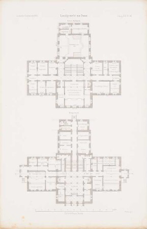 Landgericht, Bonn: Grundriss EG, 1.OG (aus: Atlas zur Zeitschrift für Bauwesen, hrsg. v. G. Erbkam, Jg. 13, 1863)