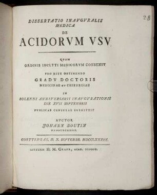 Dissertatio Inauguralis Medica De Acidorum Usu