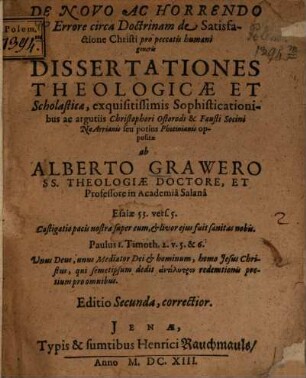 De novo ac horrendo errore circa doctrinam de Satisfactione Christi pro peccatis humani generis