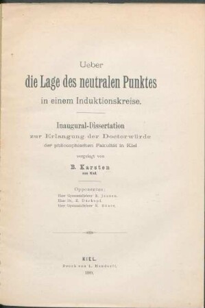 Ueber die Lage des neutralen Punktes in einem Induktionskreise