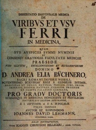 Diss. inaug. med. de viribus et usu ferri in medicina