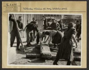 Räumen der Trümmer als Vorarbeit für den Neubau des Hauses der Sorben. Die Jugendbrigade aus Horka. : Rumowanje rozwalinow za natwar Serbskeho domu. Młodźinska brigada z Hórkow.