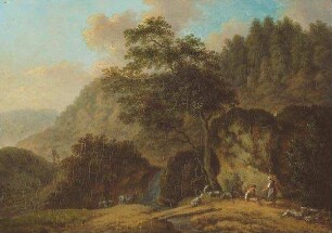 Landschaft mit Fluss Bergen Hirten und Kühen