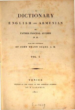 A dictionary english and armenian. 1 (1821)