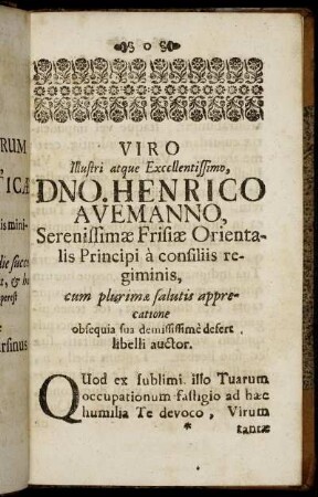 Viro Illustri atque Exccllentissimo, Dno. Henrico Avemanno, [...]