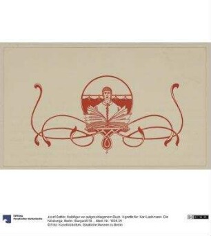 Halbfigur vor aufgeschlagenem Buch. Vignette für: Karl Lachmann. Die Nibelunge. Berlin: Stargardt 1898-1904