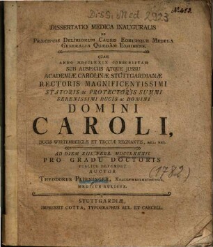 Dissertatio Medica Inauguralis De Praecipuis Deliriorum Causis Eorumque Medela Generalia Quaedam Exhibens