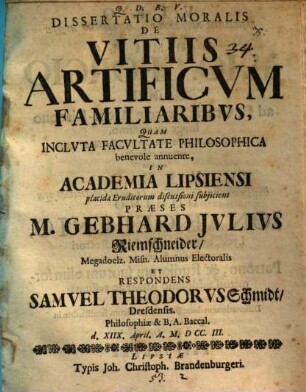 Diss. mor. de vitiis artificum familiaribus