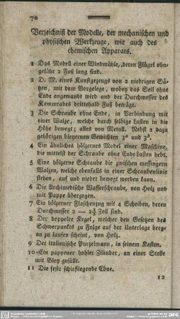 Verzeichniß der Modelle, der mechanischen und physischen Werkzeuge, wie auch des chemischen Apparats