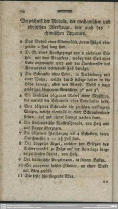 Verzeichniß der Modelle, der mechanischen und physischen Werkzeuge, wie auch des chemischen Apparats