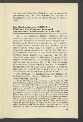 Der Beginn der geschäftlichen Tätigkeit des Konsum-, Bau- und Sparvereins "Produktion", e.G.m.b.H.