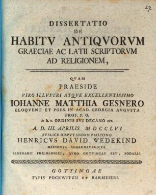 Diss. de habitu antiquorum Graeciae ac Latii scriptorum ad religionem