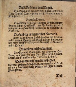 Lista der Gewinneder wie solche bey dem unterm 22. Octobr. gehaltenen Tournier ausgefallen