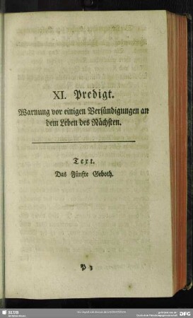 XI. Predigt. Warnung vor einigen Verfündigungen an dem Leben des Nächsten