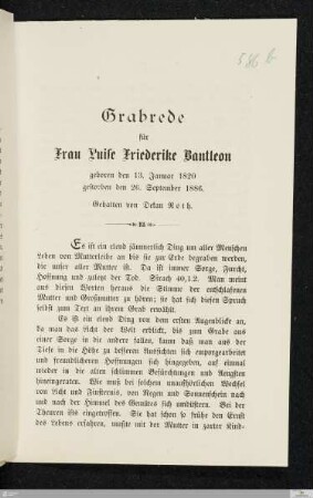 Leichenpredigt für Luise Friederike Bantleon