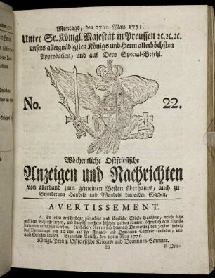 No. 22. Montags, den 27ten May 1771.
