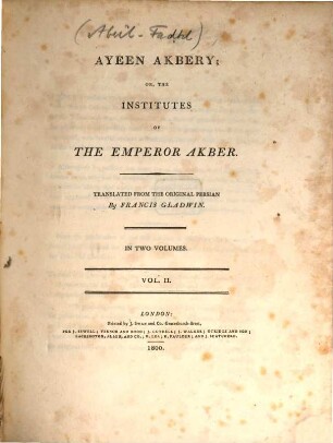 Ayeen Akbery or the institutes of the emperor Akber, 2