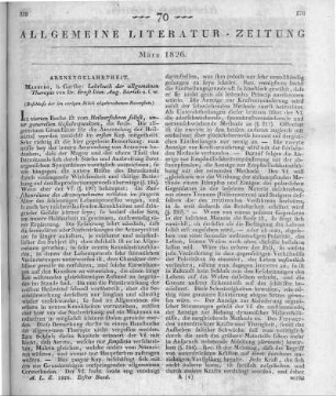 Bartels, E. D. A.: Lehrbuch der allgemeinen Therapie. Marburg: Garthe 1824 (Beschluss der im vorigen Stück abgebrochenen Recension)