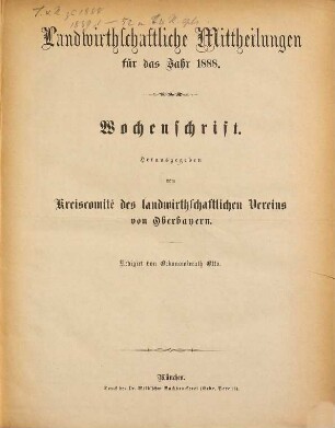 Landwirthschaftliche Mittheilungen : für das Jahr ... ; Wochenschrift. 23. 1888