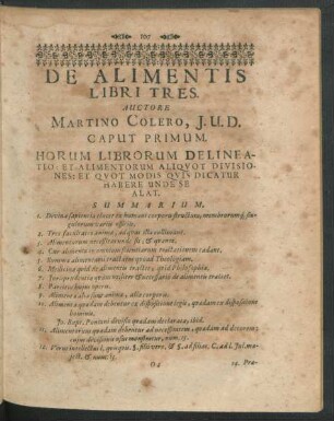 De Alimentis Libri Tres. Auctore Martino Colero.