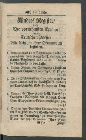 Andres Register/ über Die vornehmsten Exempel dieser Teutschen Poesie/ Wie solche in ihrer Ordnung zu befinden