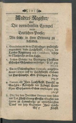 Andres Register/ über Die vornehmsten Exempel dieser Teutschen Poesie/ Wie solche in ihrer Ordnung zu befinden