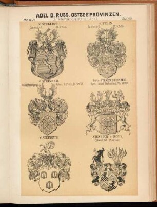Taf. 179. - v. Stegling. Schwed.-A. 23.X.1663. - v. Stein. Schwed.-A. 30.IX.1653. - v. Steinheil. N. d. Adelsbestätigungs-Diplom, d. d. Wien, 22.X.1764. - Grafen Steven-Steinheil . Russ.-livländ. Grafenstand, 13/25.VIII.1824. - v. Steinrath. - Stenbock v. Öresten. Schwed. Frh. 29.VI.1561