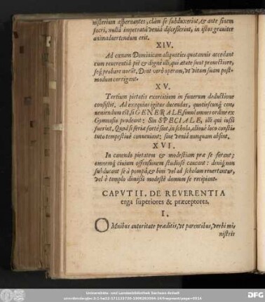 Caput II. De Reverentia erga superiores & praeceptores.