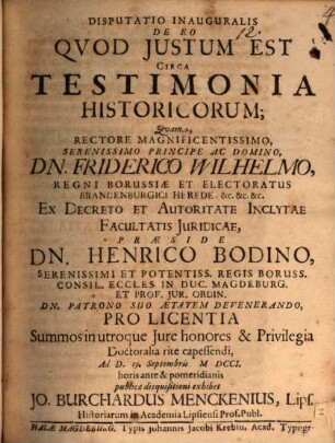 Disp. inaug. de eo quod iustum est circa testimonia historicorum