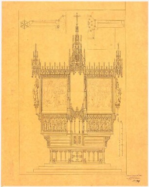 Gotischer Altar: Aufriss Ansicht, 2 Grundrisse, 2 Maßstabsleisten