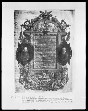 Bußpsalmen des Orlando di Lasso — Schlußblatt mit den Bildnissen von Orlando di Lasso und Hans Mielich und einem Rahmen mit Miniaturen