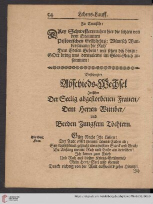 Bestürtzter Abschieds-Wechsel zwischen der Seelig abgestorbenen Frauen / dem Herren Wittiber / und beeden Jungfern Töchtern