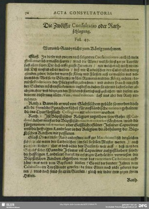 Die Zwölffte Consultatio oder Rathschlagung. Fol. 49. Warumb Sauoy nicht zum König zunehmen