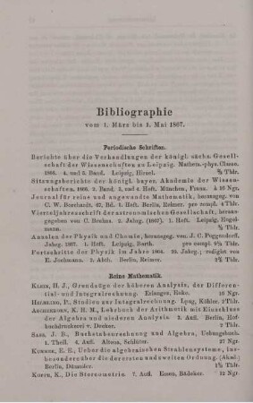 Bibliographie vom 1. März bis 1. Mai 1867.