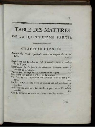 Table des Matieres de la Quattrieme Partie