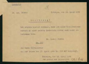 Erklärung Stuttes über bisherige Habilitationsversuche (18.04.1944)