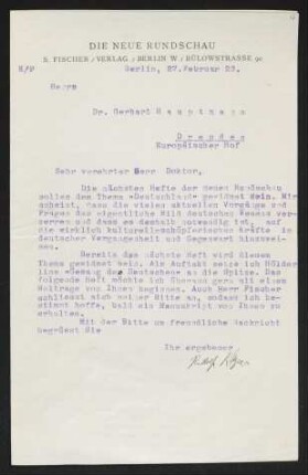 Brief von Rudolf Kayser von Die Neue Rundschau <Zeitschrift> an Gerhart Hauptmann