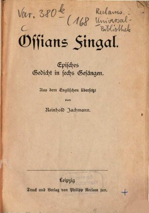 Ossian's Fingal : episches Gedicht in sechs Gesängen
