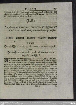 LXXII. Ob die Ehe in tertio gradu cognationis inaequalis: Item: Ob solche in secundo gradu affinitatis lineae aequalis zuläßig?