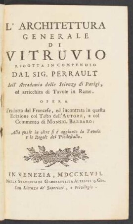 L' Architettura generale di Vitruvio : ridotta in compendio